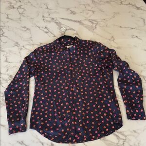 Equipment Navy Silk Shirt with Cherry Pattern.
